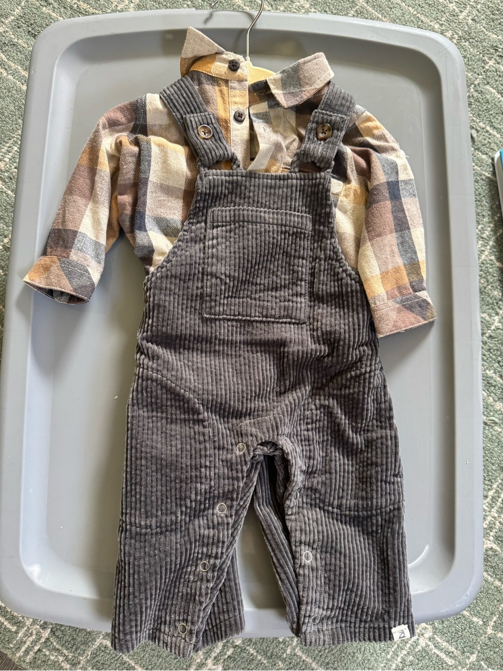 Gray Corduroy Overalls with Plaid Shirt - Kids Bottoms